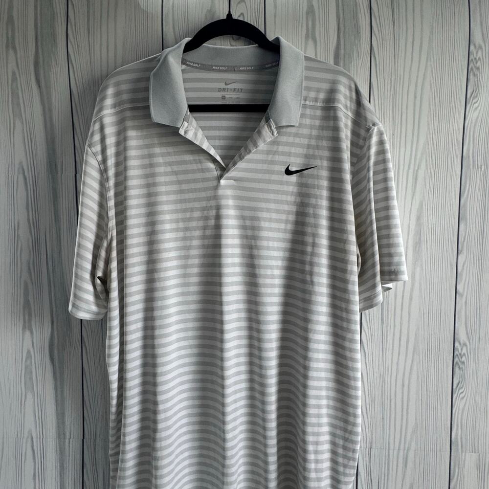 Nike Golf Dri-Fit Gray White Stripe Breathable Polo Shirt Men XXL